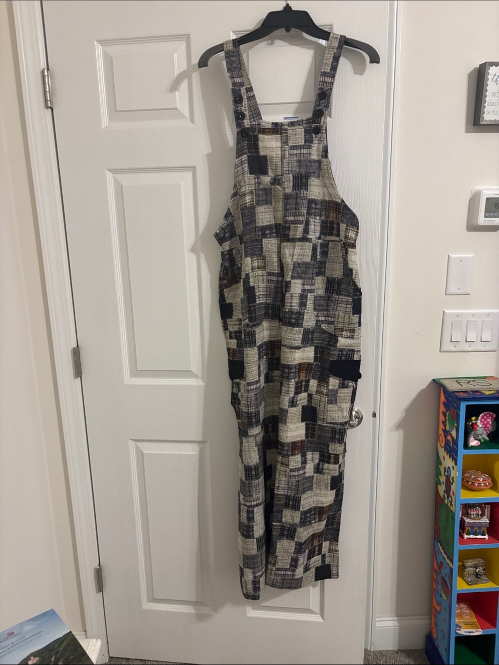 Patchwork Print Overalls in Cream, Black & Brown